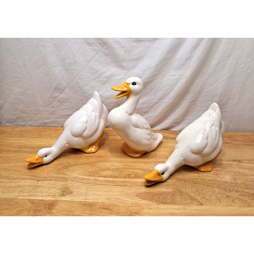 3 Vintage Ceramic Duck Figurine White Goose Farmhouse Cottagecore Kitchen Decor